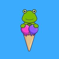Cute frog with sweet ice cream. Animal cartoon concept isolated. Can used for t-shirt, greeting card, invitation card or mascot. Flat Cartoon Style vector