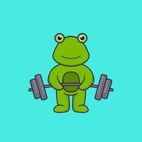 Cute frog lifts the barbell. Animal cartoon concept isolated. Can used for t-shirt, greeting card, invitation card or mascot. Flat Cartoon Style vector