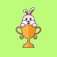 Cute rabbit with gold trophy. Animal cartoon concept isolated. Can used for t-shirt, greeting card, invitation card or mascot. Flat Cartoon Style vector