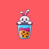 lindo conejo bebiendo té con leche boba. aislado concepto de dibujos animados de animales. Puede utilizarse para camiseta, tarjeta de felicitación, tarjeta de invitación o mascota. estilo de dibujos animados plana vector