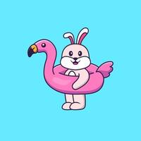 lindo conejo con boya flamingo. aislado concepto de dibujos animados de animales. Puede utilizarse para camiseta, tarjeta de felicitación, tarjeta de invitación o mascota. estilo de dibujos animados plana vector