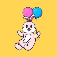 Cute rabbit flying with two balloons. Animal cartoon concept isolated. Can used for t-shirt, greeting card, invitation card or mascot. Flat Cartoon Style vector