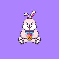 Cute rabbit Drinking Boba milk tea. Animal cartoon concept isolated. Can used for t-shirt, greeting card, invitation card or mascot. Flat Cartoon Style vector