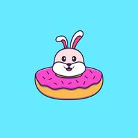 Cute rabbit with a donut on his neck. Animal cartoon concept isolated. Can used for t-shirt, greeting card, invitation card or mascot. Flat Cartoon Style