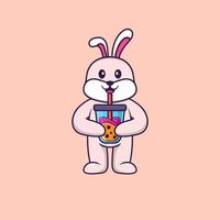 Cute rabbit Drinking Boba milk tea. Animal cartoon concept isolated. Can used for t-shirt, greeting card, invitation card or mascot. Flat Cartoon Style vector