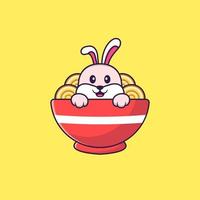 Cute rabbit eating ramen noodles. Animal cartoon concept isolated. Can used for t-shirt, greeting card, invitation card or mascot. Flat Cartoon Style vector