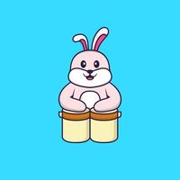 Cute rabbit is playing drums. Animal cartoon concept isolated. Can used for t-shirt, greeting card, invitation card or mascot. Flat Cartoon Style vector