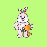 Cute rabbit holding gold trophy. Animal cartoon concept isolated. Can used for t-shirt, greeting card, invitation card or mascot. Flat Cartoon Style vector