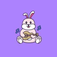 Cute rabbit playing guitar. Animal cartoon concept isolated. Can used for t-shirt, greeting card, invitation card or mascot. Flat Cartoon Style vector