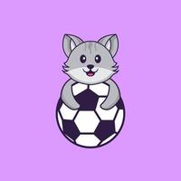 Cute cat playing soccer. Animal cartoon concept isolated. Can used for t-shirt, greeting card, invitation card or mascot. Flat Cartoon Style vector