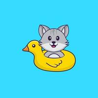 Cute cat With Duck buoy. Animal cartoon concept isolated. Can used for t-shirt, greeting card, invitation card or mascot. Flat Cartoon Style vector