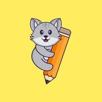 Cute cat holding a pencil. Animal cartoon concept isolated. Can used for t-shirt, greeting card, invitation card or mascot. Flat Cartoon Style vector