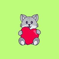 lindo gato sosteniendo un gran corazón rojo. aislado concepto de dibujos animados de animales. Puede utilizarse para camiseta, tarjeta de felicitación, tarjeta de invitación o mascota. estilo de dibujos animados plana vector