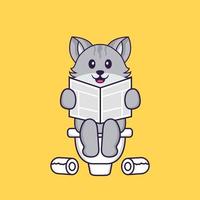 Cute cat Pooping On Toilet and read newspaper. Animal cartoon concept isolated. Can used for t-shirt, greeting card, invitation card or mascot. Flat Cartoon Style