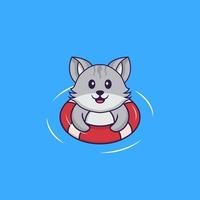 Cute cat is Swimming with a buoy. Animal cartoon concept isolated. Can used for t-shirt, greeting card, invitation card or mascot. Flat Cartoon Style vector