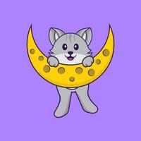 Cute cat is on the moon. Animal cartoon concept isolated. Can used for t-shirt, greeting card, invitation card or mascot. Flat Cartoon Style vector