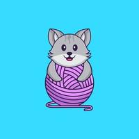 Cute cat playing with wool yarn. Animal cartoon concept isolated. Can used for t-shirt, greeting card, invitation card or mascot. Flat Cartoon Style