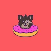 Cute cat with a donut on his neck. Animal cartoon concept isolated. Can used for t-shirt, greeting card, invitation card or mascot. Flat Cartoon Style