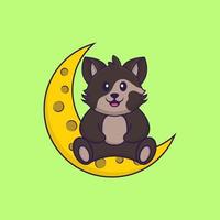 Cute cat is sitting on the moon. Animal cartoon concept isolated. Can used for t-shirt, greeting card, invitation card or mascot. Flat Cartoon Style vector
