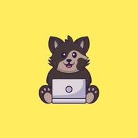 Cute cat using laptop. Animal cartoon concept isolated. Can used for t-shirt, greeting card, invitation card or mascot. Flat Cartoon Style vector