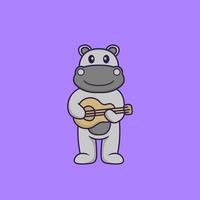 Cute hippopotamus playing guitar. Animal cartoon concept isolated. Can used for t-shirt, greeting card, invitation card or mascot. Flat Cartoon Style vector