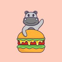 Cute hippopotamus eating burger. Animal cartoon concept isolated. Can used for t-shirt, greeting card, invitation card or mascot. Flat Cartoon Style vector