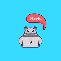 Cute hippopotamus is watching a movie. Animal cartoon concept isolated. Can used for t-shirt, greeting card, invitation card or mascot. Flat Cartoon Style vector