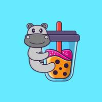 lindo hipopótamo bebiendo té con leche boba. aislado concepto de dibujos animados de animales. Puede utilizarse para camiseta, tarjeta de felicitación, tarjeta de invitación o mascota. estilo de dibujos animados plana vector