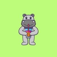 Cute hippopotamus Drinking Boba milk tea. Animal cartoon concept isolated. Can used for t-shirt, greeting card, invitation card or mascot. Flat Cartoon Style vector