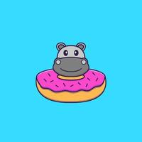 Cute hippopotamus with a donut on his neck. Animal cartoon concept isolated. Can used for t-shirt, greeting card, invitation card or mascot. Flat Cartoon Style
