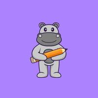 Cute hippopotamus holding a pencil. Animal cartoon concept isolated. Can used for t-shirt, greeting card, invitation card or mascot. Flat Cartoon Style vector