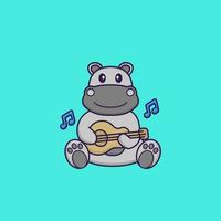 Cute hippopotamus playing guitar. Animal cartoon concept isolated. Can used for t-shirt, greeting card, invitation card or mascot. Flat Cartoon Style vector