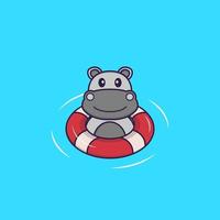 lindo hipopótamo está nadando con una boya. aislado concepto de dibujos animados de animales. Puede utilizarse para camiseta, tarjeta de felicitación, tarjeta de invitación o mascota. estilo de dibujos animados plana vector