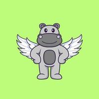 Cute hippopotamus using wings. Animal cartoon concept isolated. Can used for t-shirt, greeting card, invitation card or mascot. Flat Cartoon Style vector