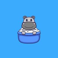 Cute hippopotamus taking a bath in the bathtub. Animal cartoon concept isolated. Can used for t-shirt, greeting card, invitation card or mascot. Flat Cartoon Style vector