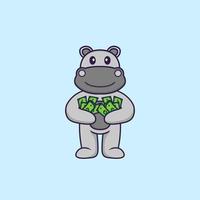 Cute hippopotamus holding money. Animal cartoon concept isolated. Can used for t-shirt, greeting card, invitation card or mascot. Flat Cartoon Style vector