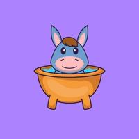 Cute llama taking a bath in the bathtub. Animal cartoon concept isolated. Can used for t-shirt, greeting card, invitation card or mascot. Flat Cartoon Style vector