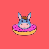 Cute llama with a donut on his neck. Animal cartoon concept isolated. Can used for t-shirt, greeting card, invitation card or mascot. Flat Cartoon Style vector