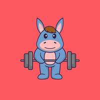 Cute llama lifts the barbell. Animal cartoon concept isolated. Can used for t-shirt, greeting card, invitation card or mascot. Flat Cartoon Style vector