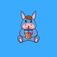 Cute llama Drinking Boba milk tea. Animal cartoon concept isolated. Can used for t-shirt, greeting card, invitation card or mascot. Flat Cartoon Style vector