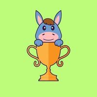 Cute llama with gold trophy. Animal cartoon concept isolated. Can used for t-shirt, greeting card, invitation card or mascot. Flat Cartoon Style vector