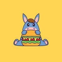 Cute llama eating burger. Animal cartoon concept isolated. Can used for t-shirt, greeting card, invitation card or mascot. Flat Cartoon Style vector