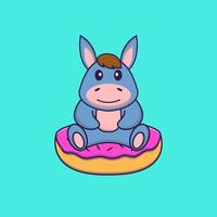 Cute llama is sitting on donuts. Animal cartoon concept isolated. Can used for t-shirt, greeting card, invitation card or mascot. Flat Cartoon Style vector