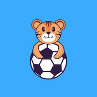 Cute tiger playing soccer. Animal cartoon concept isolated. Can used for t-shirt, greeting card, invitation card or mascot. Flat Cartoon Style vector