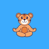 Cute tiger is meditating or doing yoga. Animal cartoon concept isolated. Can used for t-shirt, greeting card, invitation card or mascot. Flat Cartoon Style vector