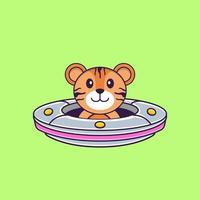 Cute tiger Driving Spaceship Ufo. Animal cartoon concept isolated. Can used for t-shirt, greeting card, invitation card or mascot. Flat Cartoon Style vector