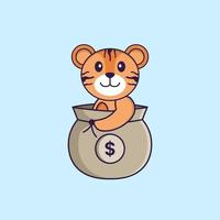 Cute tiger in a money bag. Animal cartoon concept isolated. Can used for t-shirt, greeting card, invitation card or mascot. Flat Cartoon Style vector