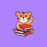 lindo tigre leyendo un libro. aislado concepto de dibujos animados de animales. Puede utilizarse para camiseta, tarjeta de felicitación, tarjeta de invitación o mascota. estilo de dibujos animados plana vector