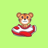Cute tiger flying on a plane. Animal cartoon concept isolated. Can used for t-shirt, greeting card, invitation card or mascot. Flat Cartoon Style vector
