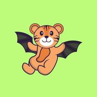 Cute tiger is flying with wings. Animal cartoon concept isolated. Can used for t-shirt, greeting card, invitation card or mascot. Flat Cartoon Style vector